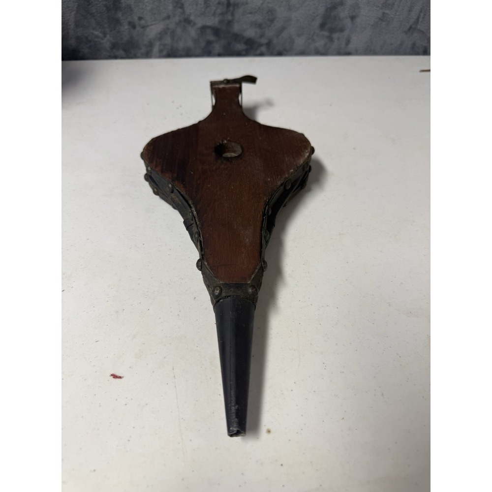 Vintage Wood and Leather Fireplace Bellows Hand Blower Crest Carved Hearth Tool - Picture 2 of 4